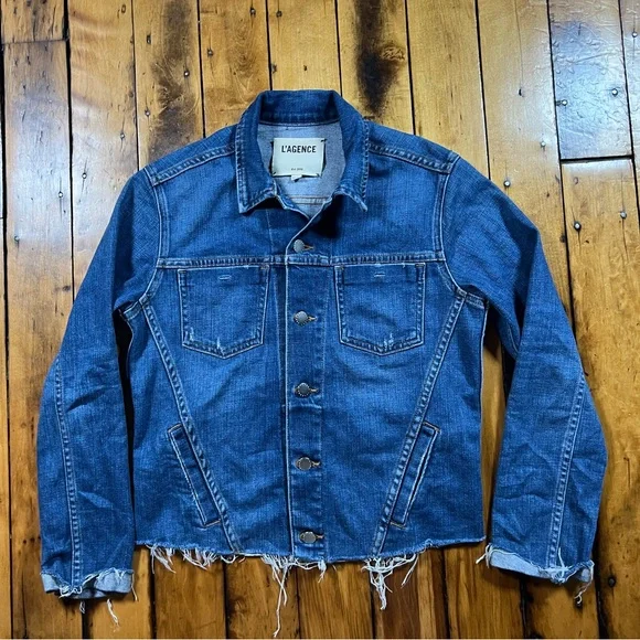 L’AGENCE Women’s Medium Denim Jacket Trucker Raw Hem Button Front Designer Blue - Picture 2 of 12